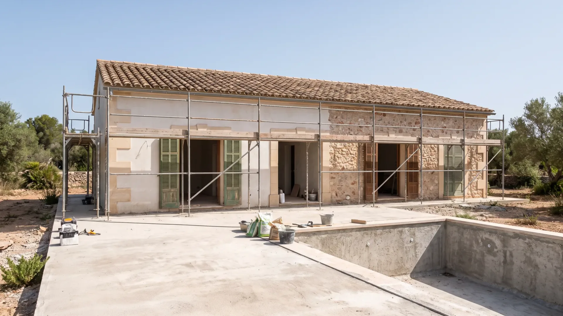 Detached Mallorcan villa under full renovation with scaffolding and the terrace bare to its screed