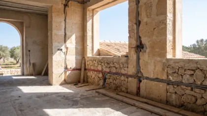 Bare Mallorcan villa interior at first fix with conduit and pipework run through the walls