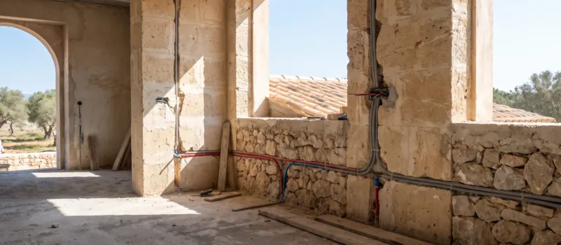 Bare Mallorcan villa interior at first fix with conduit and pipework run through the walls