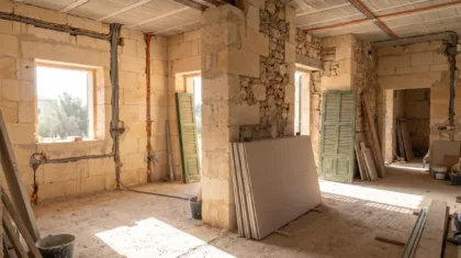 Interior of a large Mallorcan villa open to bare blockwork and screed with chases cut in the walls