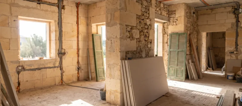 Interior of a large Mallorcan villa open to bare blockwork and screed with chases cut in the walls