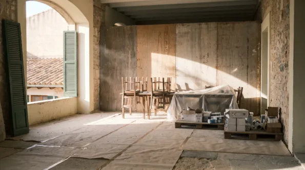Hotel lobby on Mallorca stripped for refurbishment with a hoarding closing off the part in use