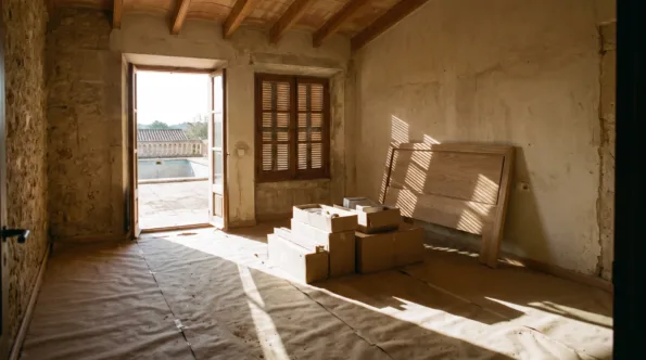 Hotel bedroom on Mallorca stripped for refurbishment with boxed fittings on a sheeted floor
