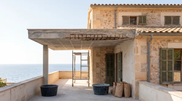 Concrete balcony edge on the Mallorcan coast with spalled cover and corroded reinforcement