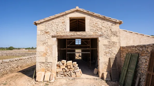 Alter Stallbau aus Stein auf einem mallorquinischen Anwesen mit einer neuen Wandöffnung im Giebel