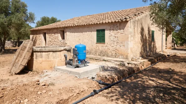 Mouth of an old stone cistern at a Mallorcan finca with a new pump and pressure vessel by it