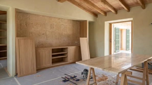 Bespoke timber joinery going into a Mallorcan villa interior with a stone slab on trestles