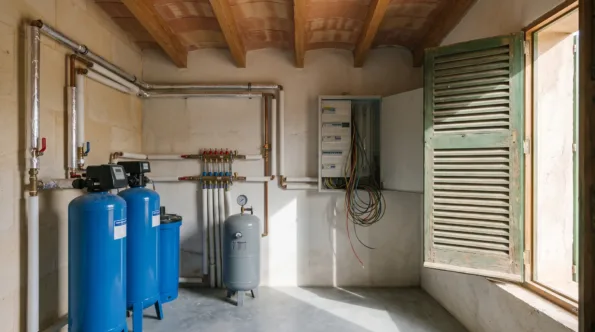 Plant room of a Mallorcan villa with insulated pipework, manifolds and water treatment vessels