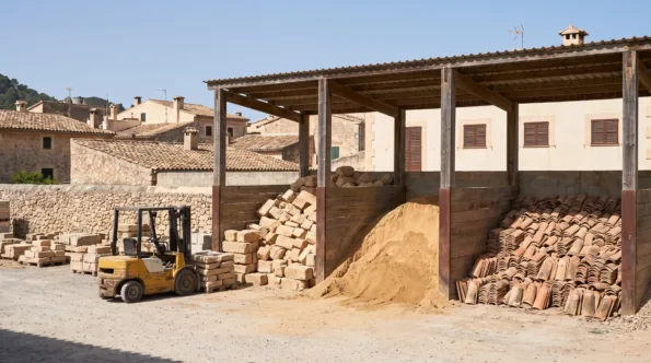 Building supplies yard on the edge of an inland Mallorcan town with blocks and sand in bays