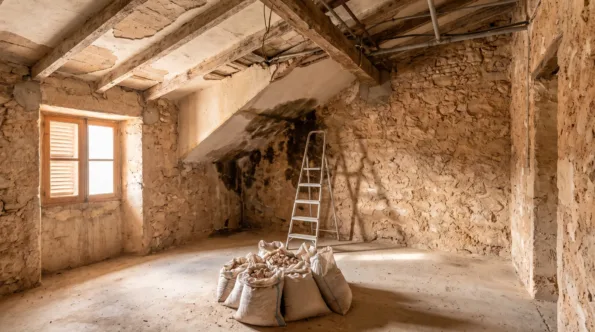 Entkerntes Inneres eines mallorquinischen Gutshauses, die Decke offen bis zu den ursprünglichen Installationen