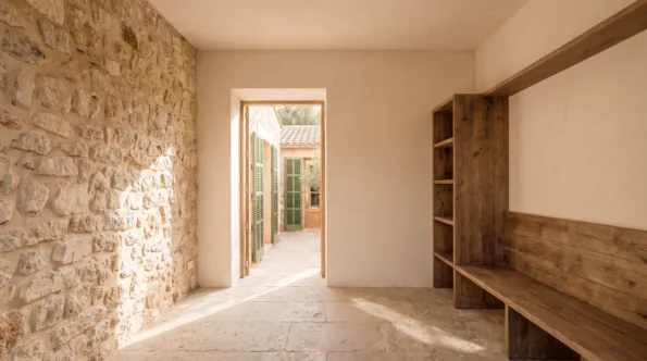 Calm Mallorcan room with one exposed rubble stone wall and smooth pale plaster everywhere else