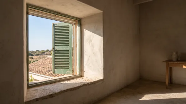 Deep window reveal in a thick Mallorcan wall with a louvered shutter half closed over the glass