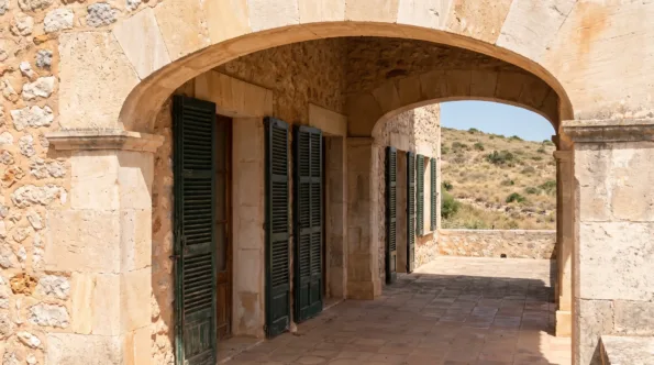 Shaded terrace under a deep stone loggia on a Mallorcan villa with closed timber shutters