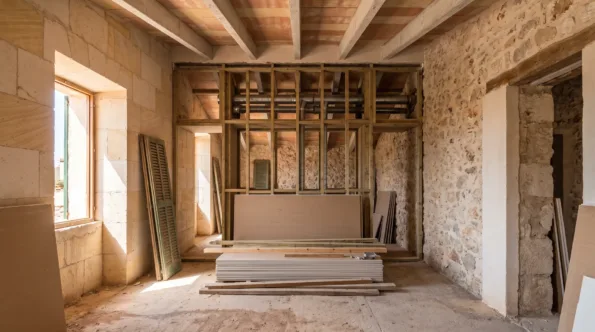 Deep concealed storage wall being built across a Mallorcan bedroom with the carcass framing open