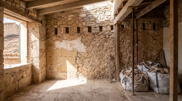 Stripped party wall in a stepped Mallorcan terrace with joist pockets at a mismatched level