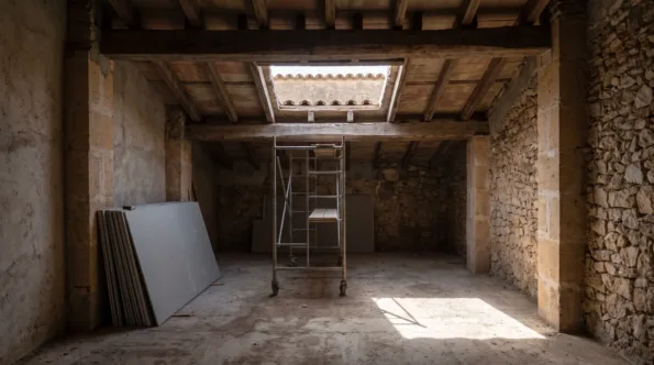 Dark centre of a deep Mallorcan town house with a new rooflight opening cut in the ceiling