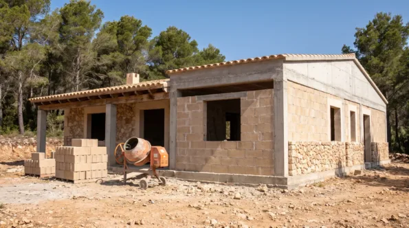 New house at shell stage on a Mallorcan plot with a concrete frame and empty window openings
