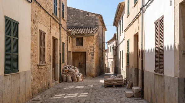 Narrow old-town lane on Mallorca with rubble bags stacked at a shared entrance on the paving