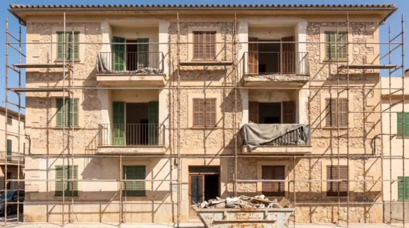 Mallorquinischer Wohnblock mit Gerüst über der ganzen Fassade und stellenweise abgeschlagenem Putz
