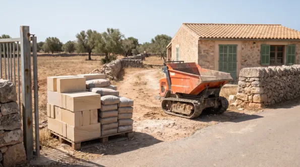 Pallet of blocks at the gate where a rough private track leaves the road on the Mallorcan plain