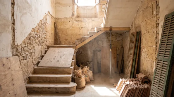 Stairwell of a tall narrow Mallorcan town house opened for alteration with boarded stone treads