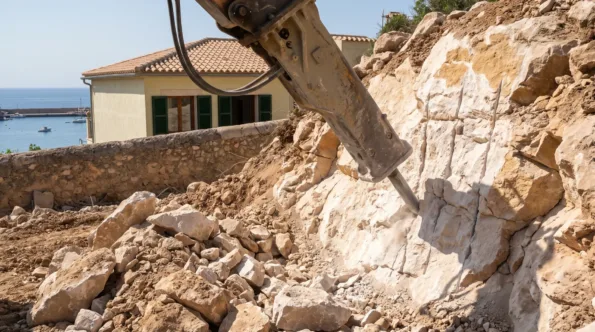 Hydraulic breaker cutting a fresh rock face on a steep Mallorcan coastal plot above a harbour