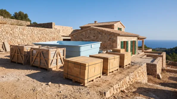 Verglasung in Kisten, ein Poolbecken und Steinpaletten bereitgestellt auf der Terrasse eines mallorquinischen Hanggrundstücks