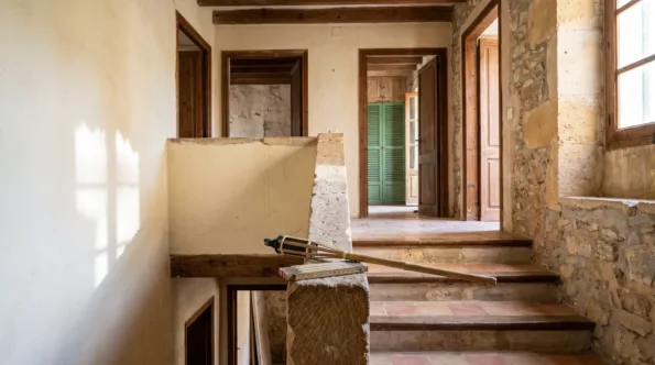 Stair and landing of an empty older Mallorcan house with worn tiling and dated rooms open off it