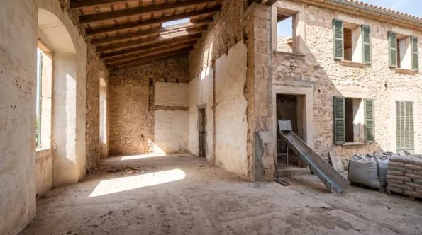 Mallorcan property stripped inside to bare concrete floors with the original facade standing