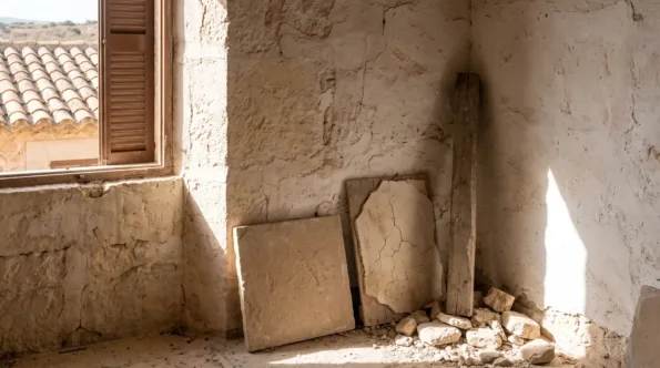 Bare room in an old Mallorcan house with material samples set out against the rubble stone