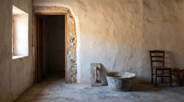 Trowel-floated lime plaster wall in a Mallorcan house with lime wash worn thin at a doorway