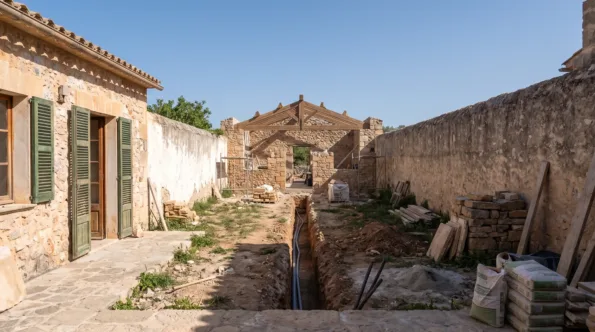 Long walled garden on Mallorca with a separate stone annexe under construction at the far end