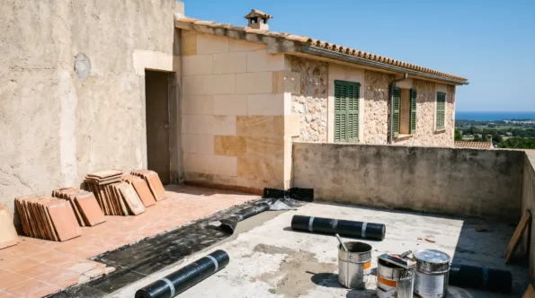 Concrete-framed terrace on Mallorca with tiles lifted and the old waterproofing cut back