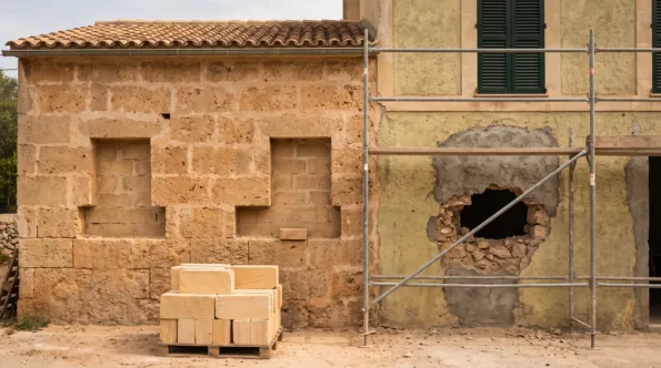 Sandsteinfassade auf Mallorca mit ausgeschnittenen verwitterten Quadern und Ersatzsteinen auf einer Palette