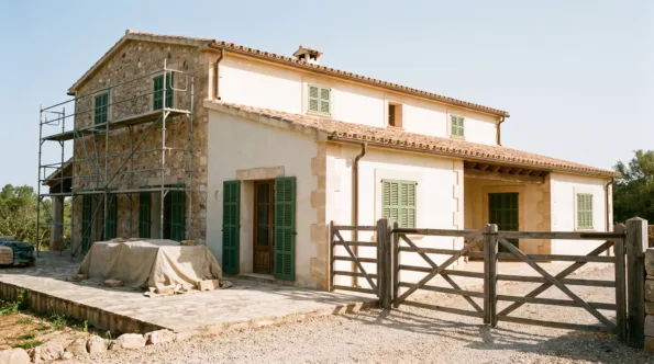 Shuttered Mallorcan villa with scaffolding up and material stacked under a tarpaulin outside