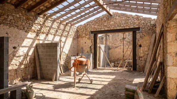 Inside a retained Mallorcan stone shell with new blockwork partitions rising within old walls