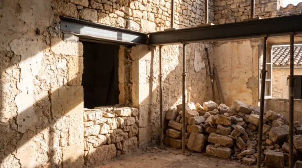 Wide opening being formed through a wall almost a metre thick in an old Mallorcan house