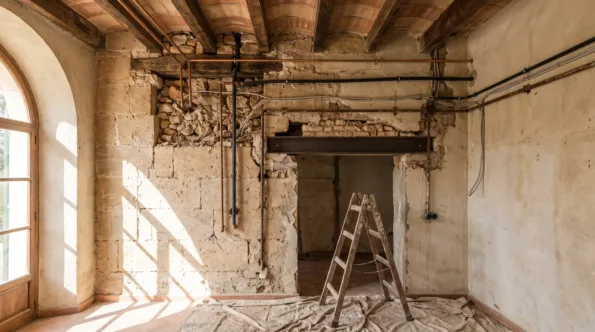 Opened ceiling in a large Mallorcan villa showing several ages of pipe runs and added circuits