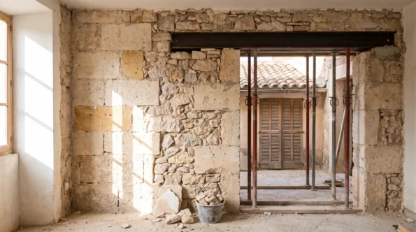 Load-bearing wall in a Mallorcan house with a steel needle and props while an opening is formed