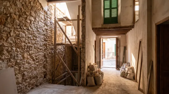 Narrow town house interior on Mallorca with a stripped party wall and scaffolding in the stairwell