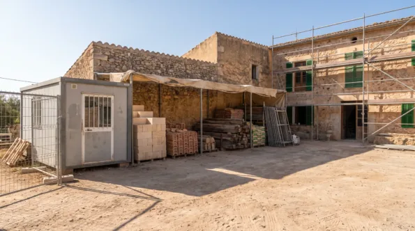 Organised renovation site on Mallorca with material stacked in bays and a cabin at the gate