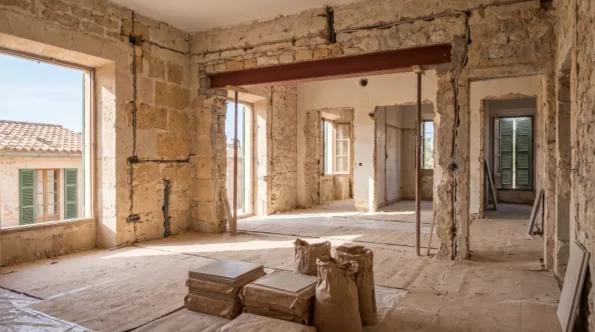 Mallorcan villa interior mid-renovation with chased walls and a new steel beam over an opening