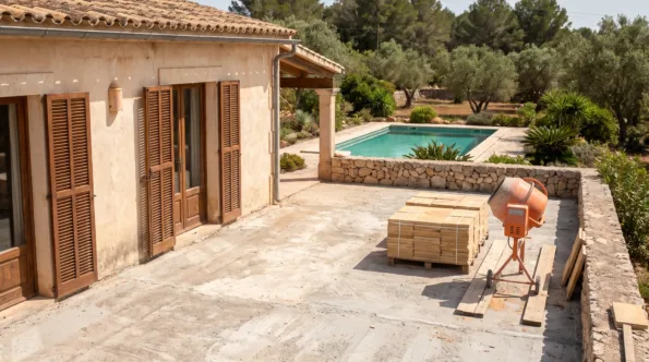 Mallorcan villa terrace lifted to its screed with new stone paving stacked on pallets on it