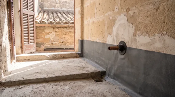 Waterproof membrane taken up a stone wall and sealed around a copper pipe, turned down onto a bare screed floor