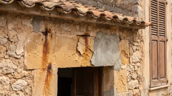 Sandstone lintel with rust staining running down from corroded embedded metal and a grey cement patch lifting at its edges
