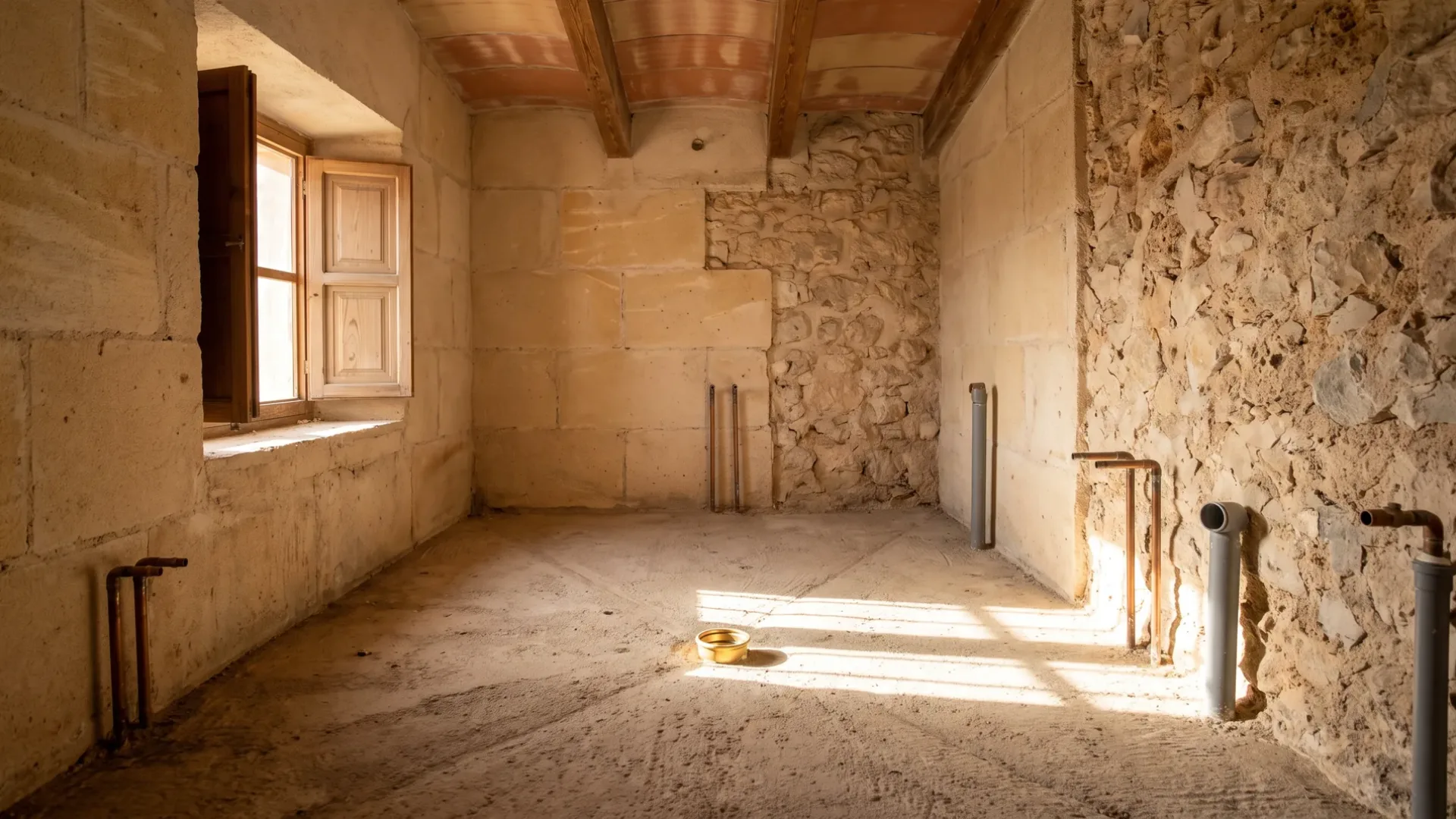 Stripped stone room in a Mallorcan house with a beamed ceiling and copper pipe stubs set out around a floor drain