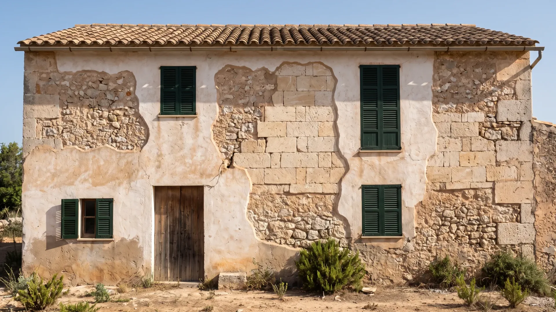 Older Mallorcan house where lime render has fallen away in patches, exposing sandstone blocks and rubble beneath