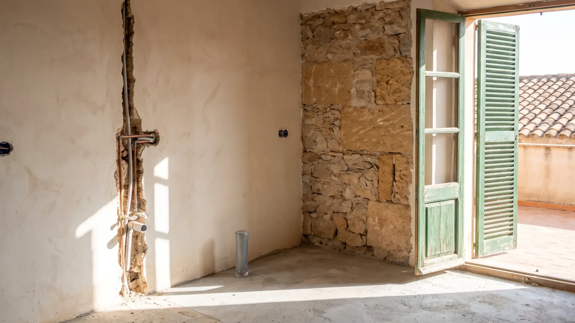 Stripped room in a Mallorcan house with copper pipes in a wall chase, a capped waste pipe and green shutters open