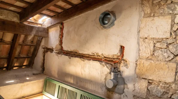 Chase cut into a plastered wall carrying copper pipes and orange conduit, with a capped waste and an extraction collar