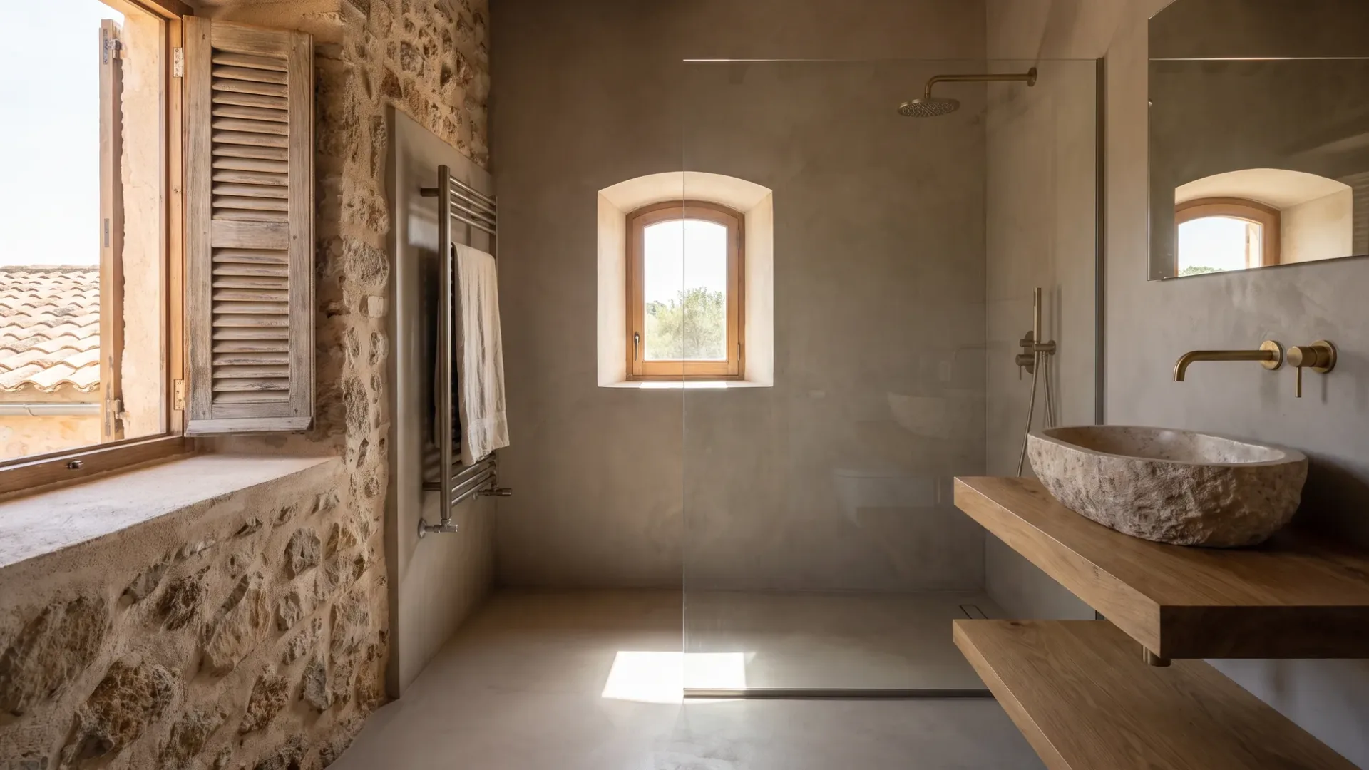 Bathroom in a stone house with a walk-in shower behind frameless glass, microcement walls and a stone basin on oak